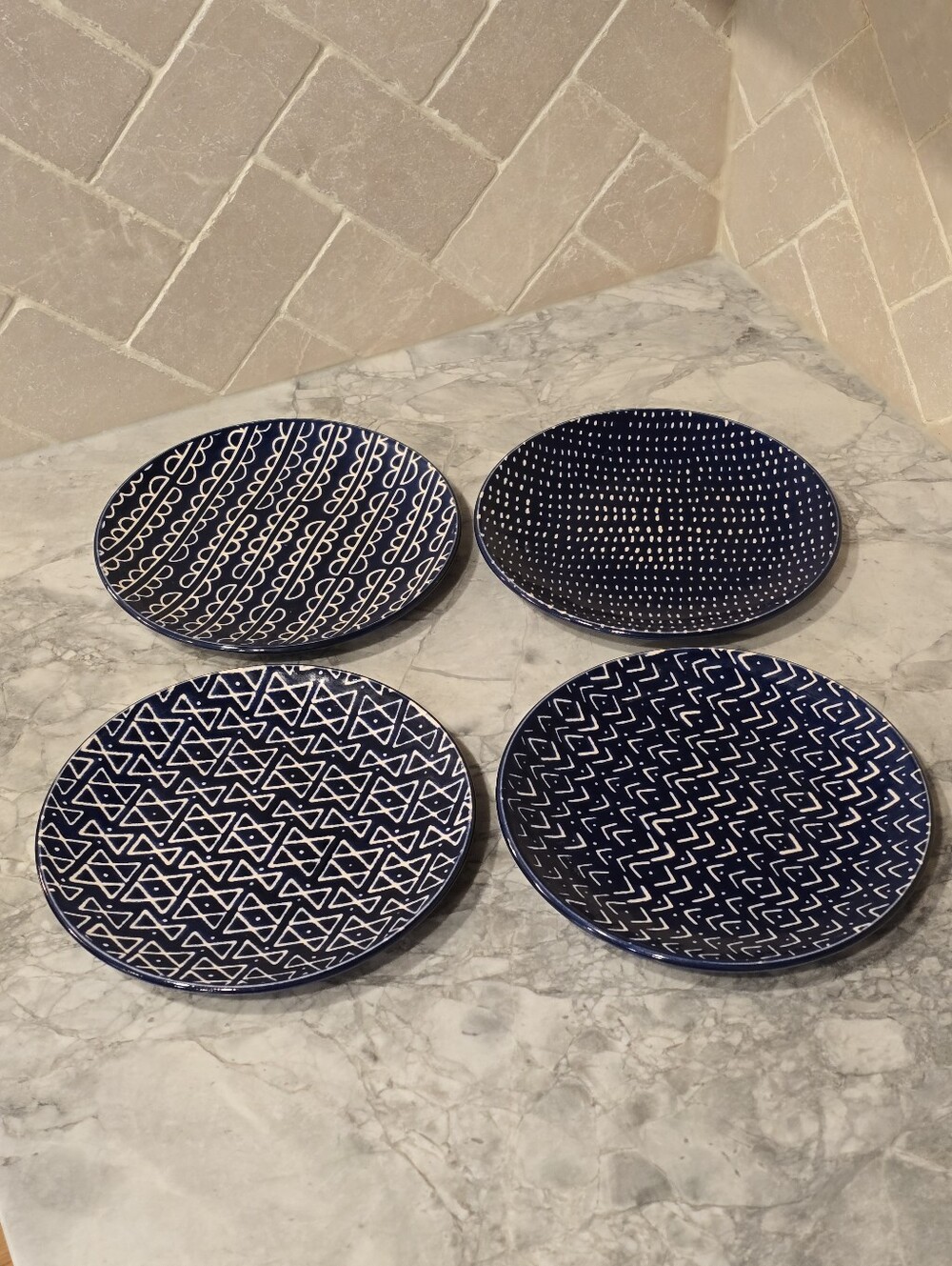 Crate & Barrel set of 4 Blue Salad Plates Geometric Bohemian Dishes Coastal